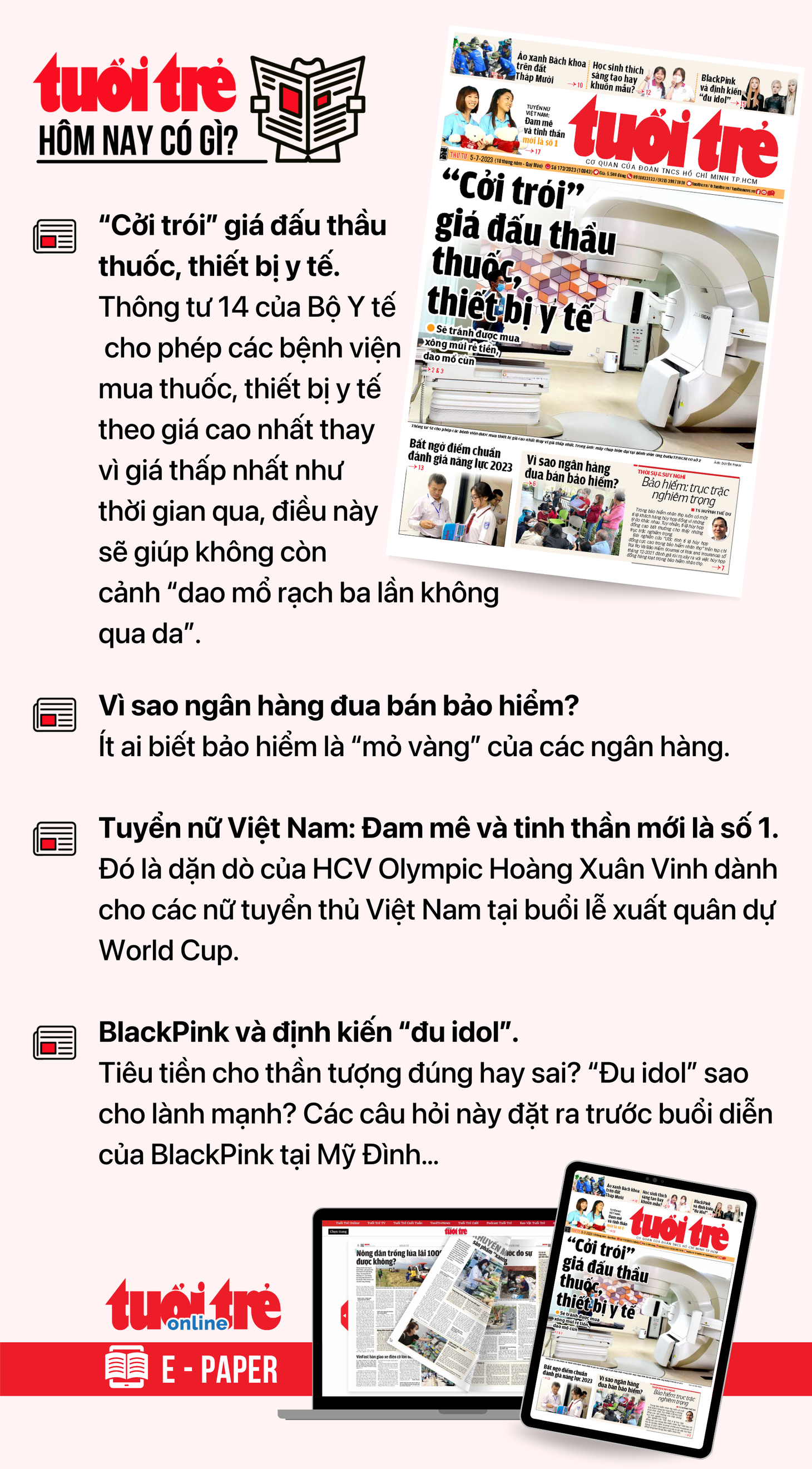 Tin tức chính trên Tuổi Trẻ nhật báo hôm nay 5-7. Để đọc Tuổi Trẻ báo in phiên bản E-paper, mời bạn đăng ký Tuổi Trẻ Sao TẠI ĐÂY