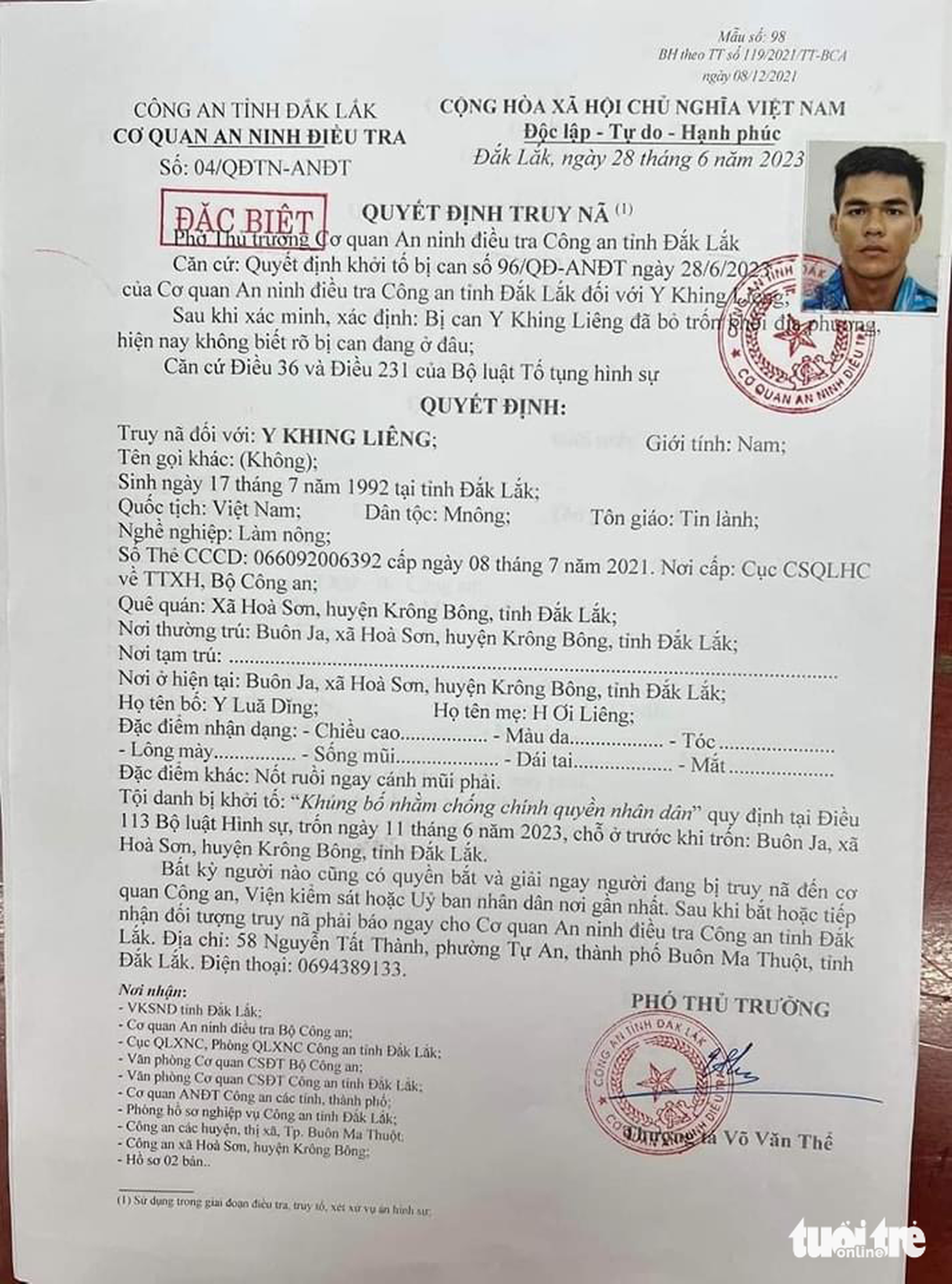 Quyết định truy nã tội “khủng bố nhằm chống chính quyền nhân dân” theo điều 113 Bộ luật Hình sự đối với Y Khing Liêng (31 tuổi, dân tộc M’Nông, trú xã Hòa Sơn, huyện Krông Bông, tỉnh Đắk Lắk)