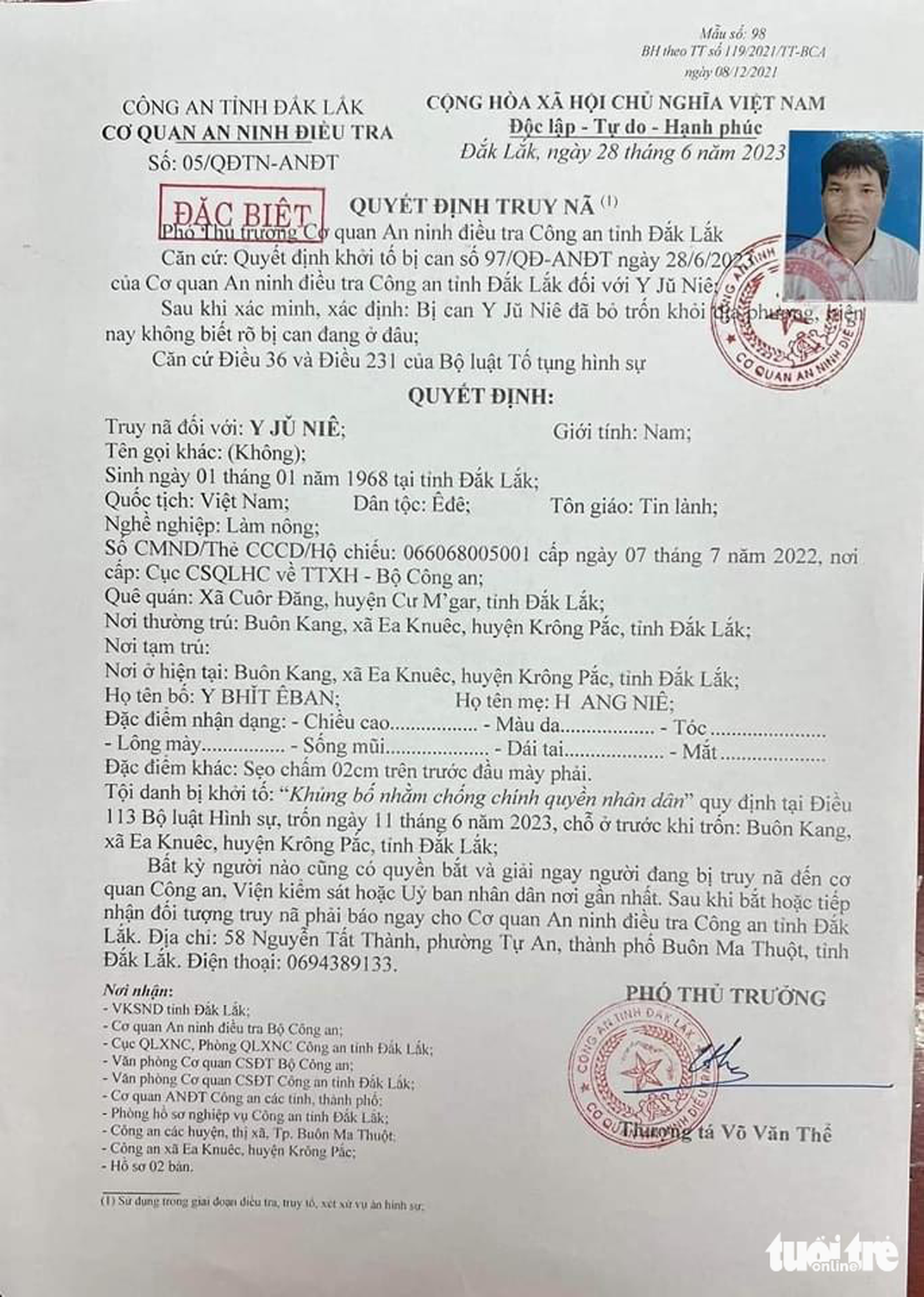 Quyết định truy nã tội “khủng bố nhằm chống chính quyền nhân dân” theo điều 113 Bộ luật Hình sự đối với Y Jũ Niê (55 tuổi, dân tộc Ê Đê, trú Buôn Kang, Ea Knuêc, Krông Pắk, Đắk Lắk)
