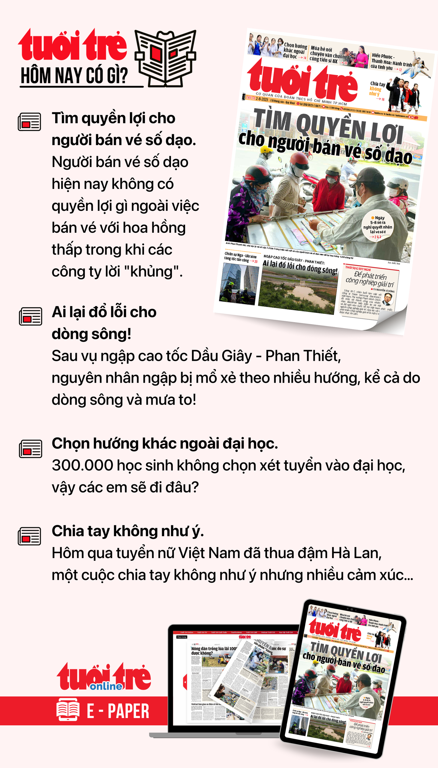 Tin tức chính trên Tuổi Trẻ nhật báo hôm nay 2-8. Để đọc Tuổi Trẻ báo in phiên bản E-paper, mời bạn đăng ký Tuổi Trẻ Sao&nbsp;TẠI ĐÂY