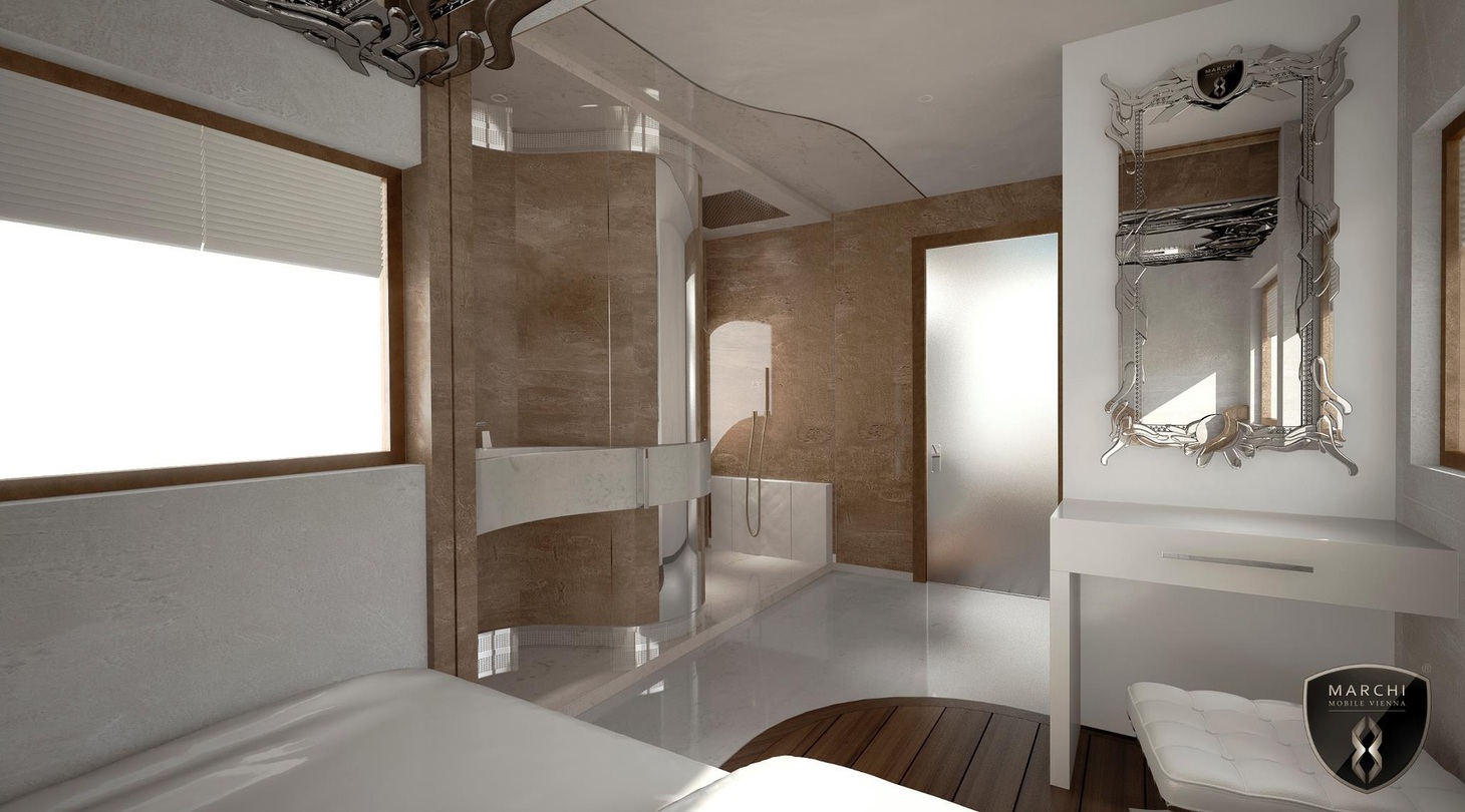 Phòng ngủ chính cũng có một "phòng spa" riêng biệt với vòi sen và liệu pháp ánh sáng, mang lại cảm giác như đang ở trong một khách sạn sang trọng - Ảnh: Marchi Mobile Vienna