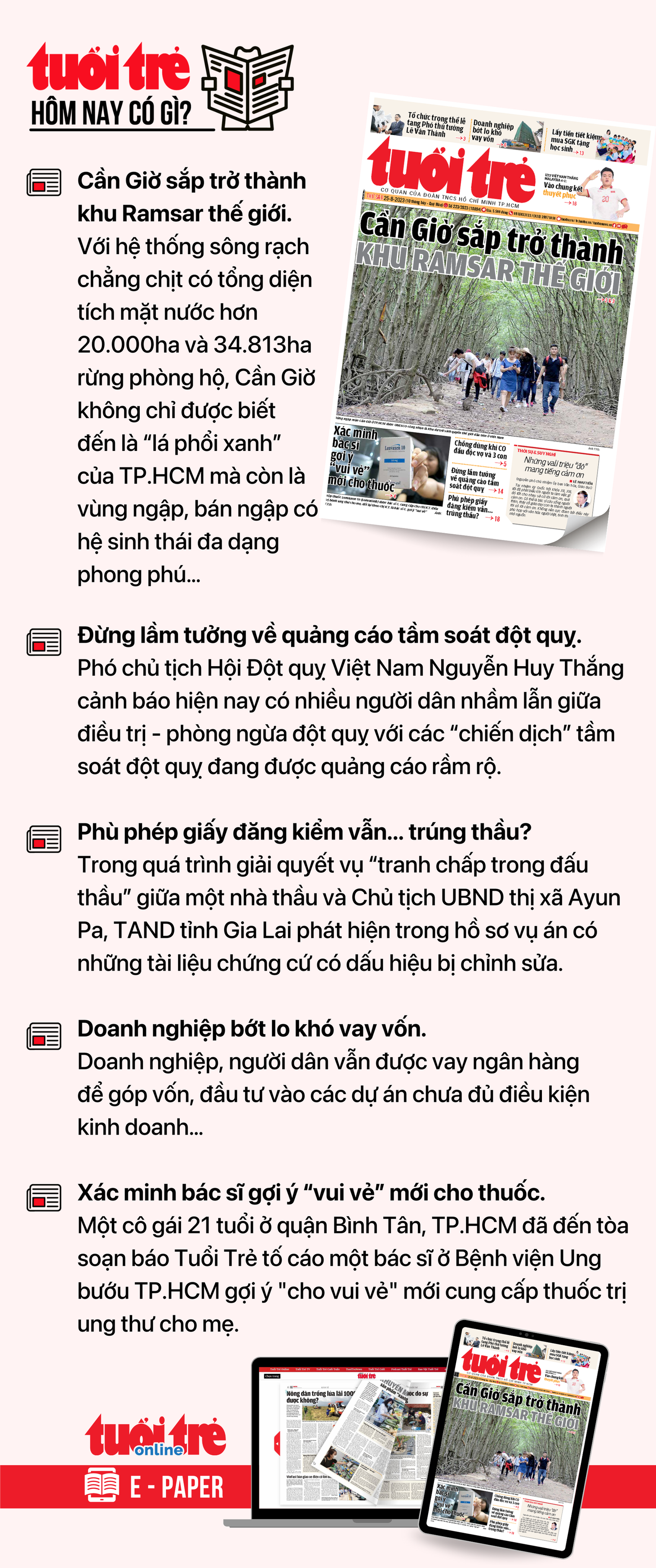 Tin tức chính trên Tuổi Trẻ nhật báo hôm nay 25-8. Để đọc Tuổi Trẻ báo in phiên bản E-paper, mời bạn đăng ký Tuổi Trẻ Sao TẠI ĐÂY