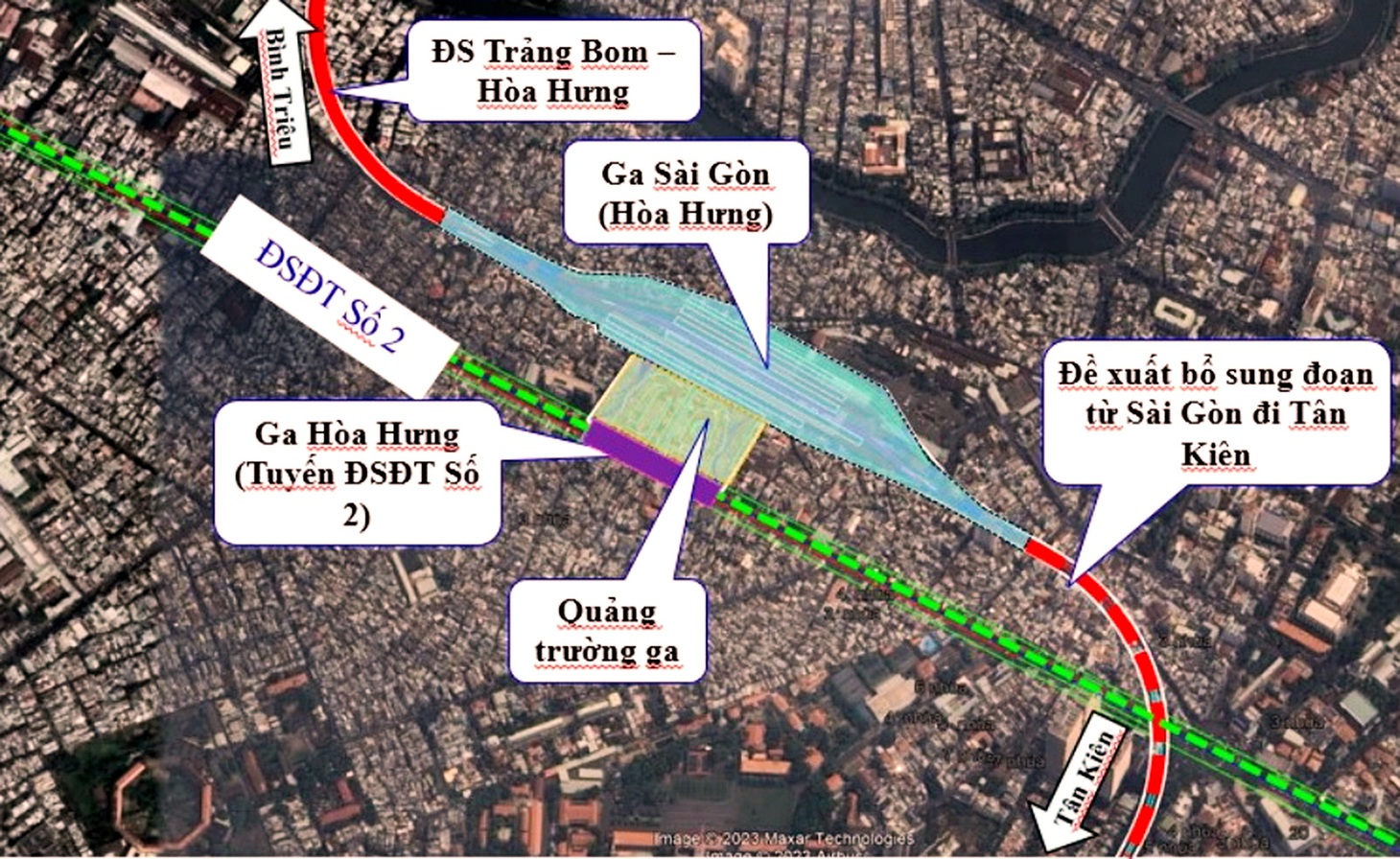 Tư vấn đề xuất quy mô xây dựng ga Sài Gòn. Tổng diện tích ga dự kiến khoảng 6,85ha. Diện tích quảng trường ga 2,3ha; tại quảng trường ga Sài Gòn bố trí ga metro, bến xe buýt, taxi, bãi đỗ phương tiện cá nhân phục vụ việc thu gom và phân tán khách đi, đến ga - Nguồn: TEDI SOUTH