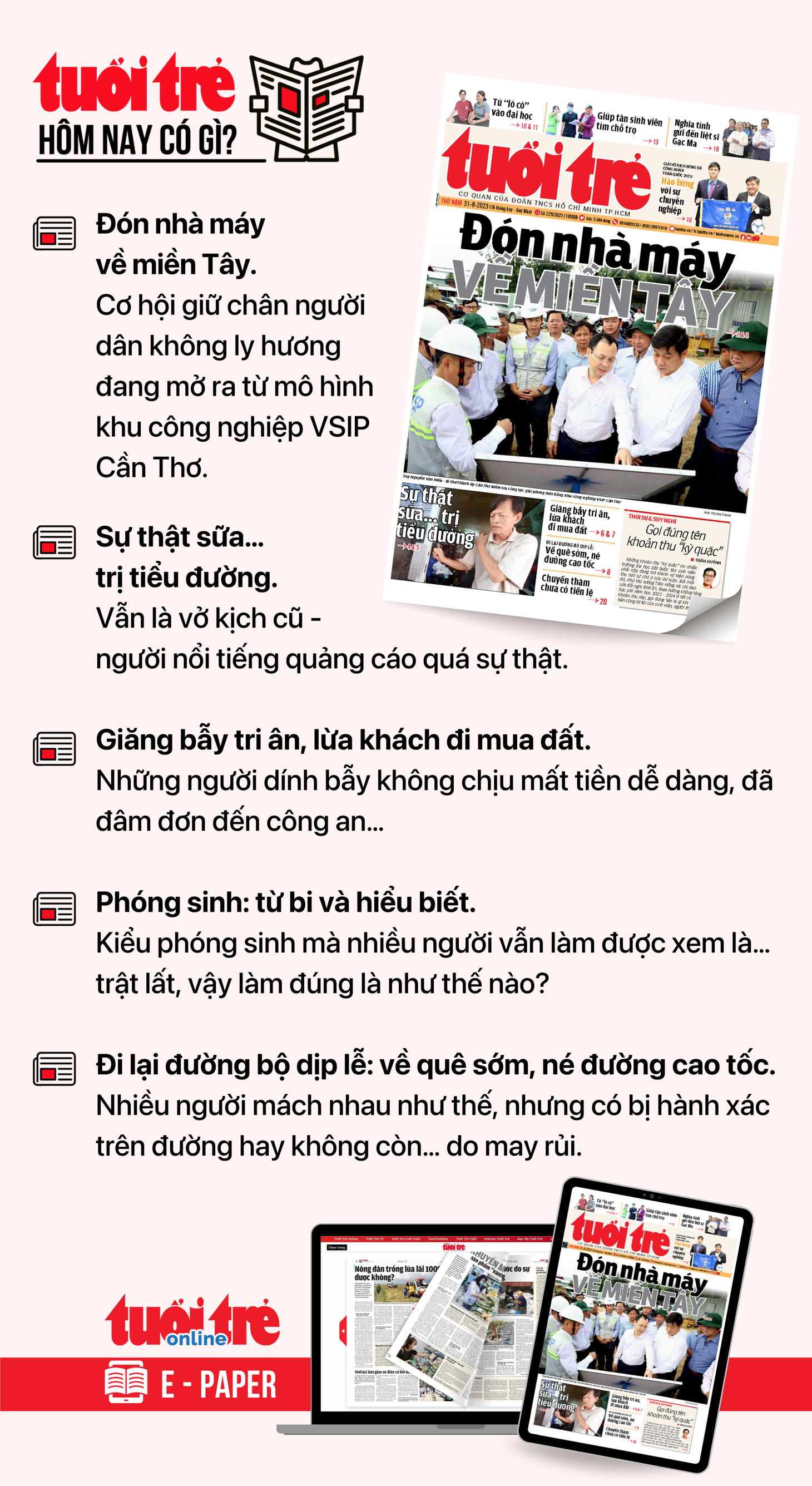 Tin tức chính trên Tuổi Trẻ nhật báo hôm nay 31-8. Để đọc Tuổi Trẻ báo in phiên bản E-paper, mời bạn đăng ký Tuổi Trẻ Sao TẠI ĐÂY