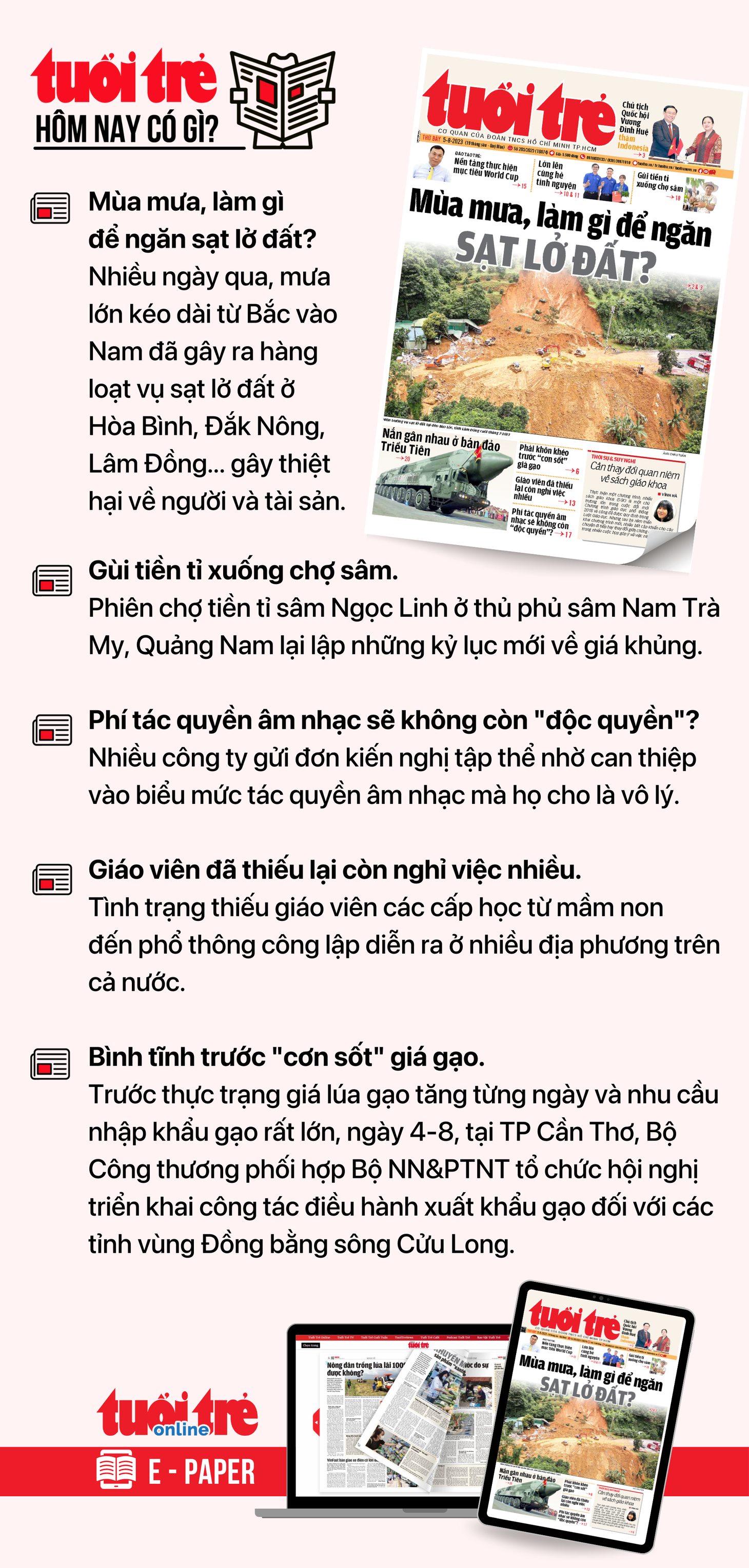 Tin tức chính trên Tuổi Trẻ nhật báo hôm nay 5-8. Để đọc Tuổi Trẻ báo in phiên bản E-paper, mời bạn đăng ký Tuổi Trẻ Sao TẠI ĐÂY