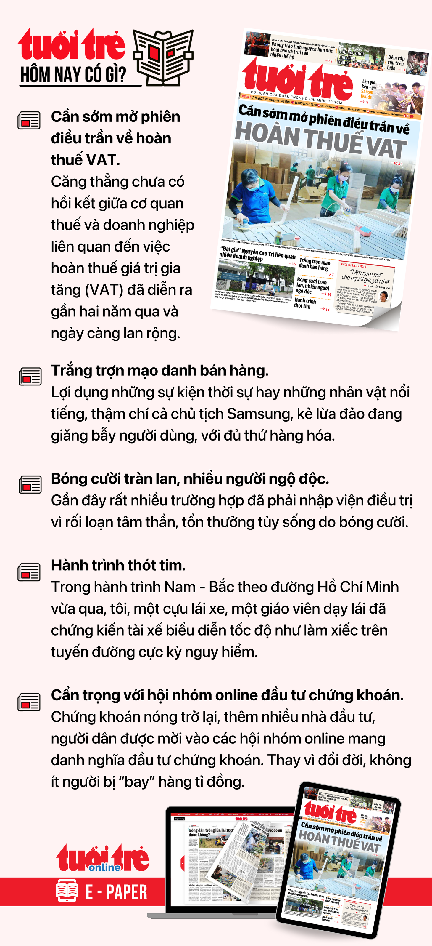 Tin tức chính trên Tuổi Trẻ nhật báo hôm nay 7-8. Để đọc Tuổi Trẻ báo in phiên bản E-paper, mời bạn&nbsp;đăng ký Tuổi Trẻ Sao TẠI ĐÂY