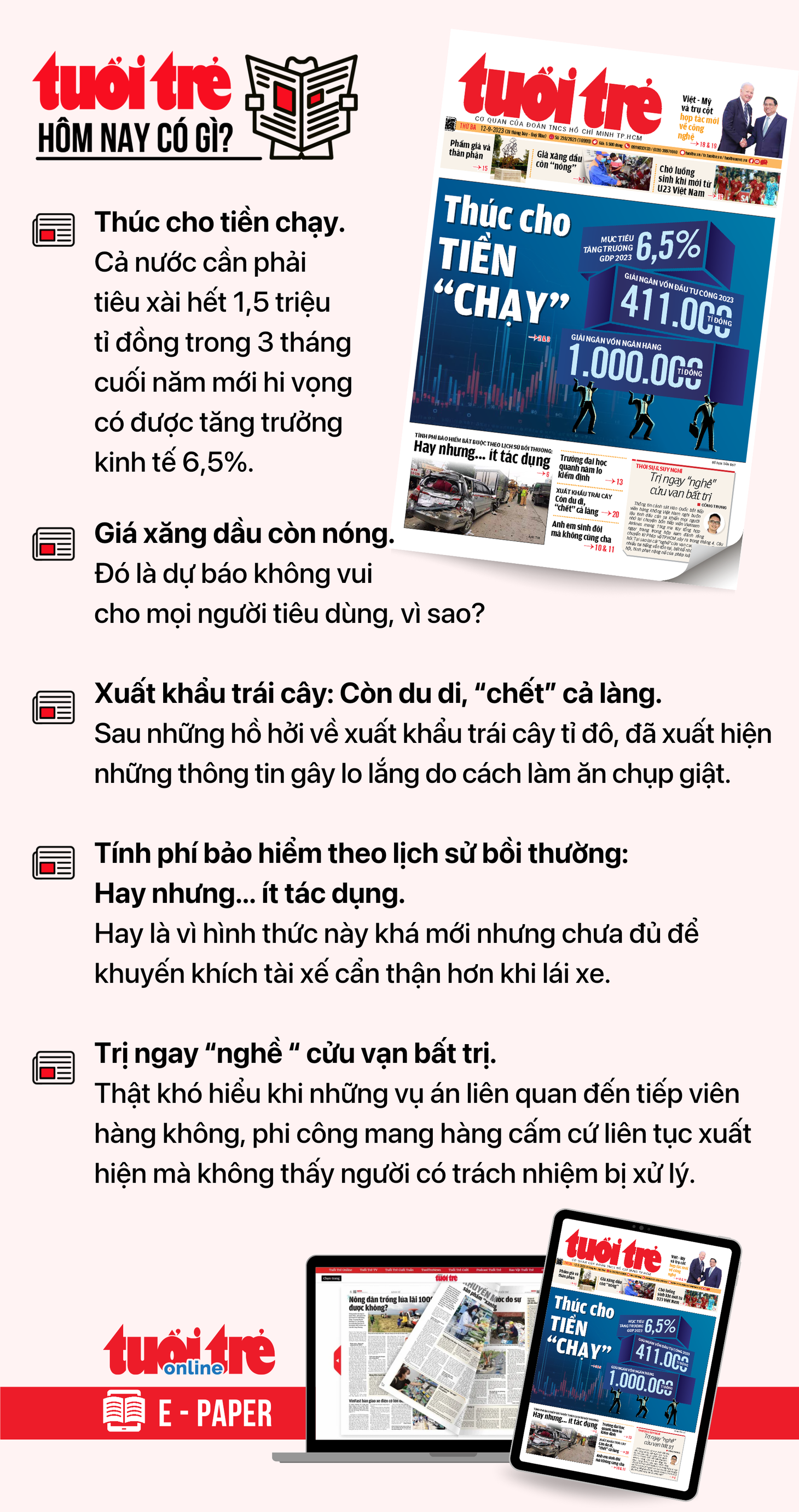Tin tức chính trên Tuổi Trẻ nhật báo hôm nay 12-9. Để đọc Tuổi Trẻ báo in phiên bản E-paper, mời bạn đăng ký Tuổi Trẻ Sao TẠI ĐÂY