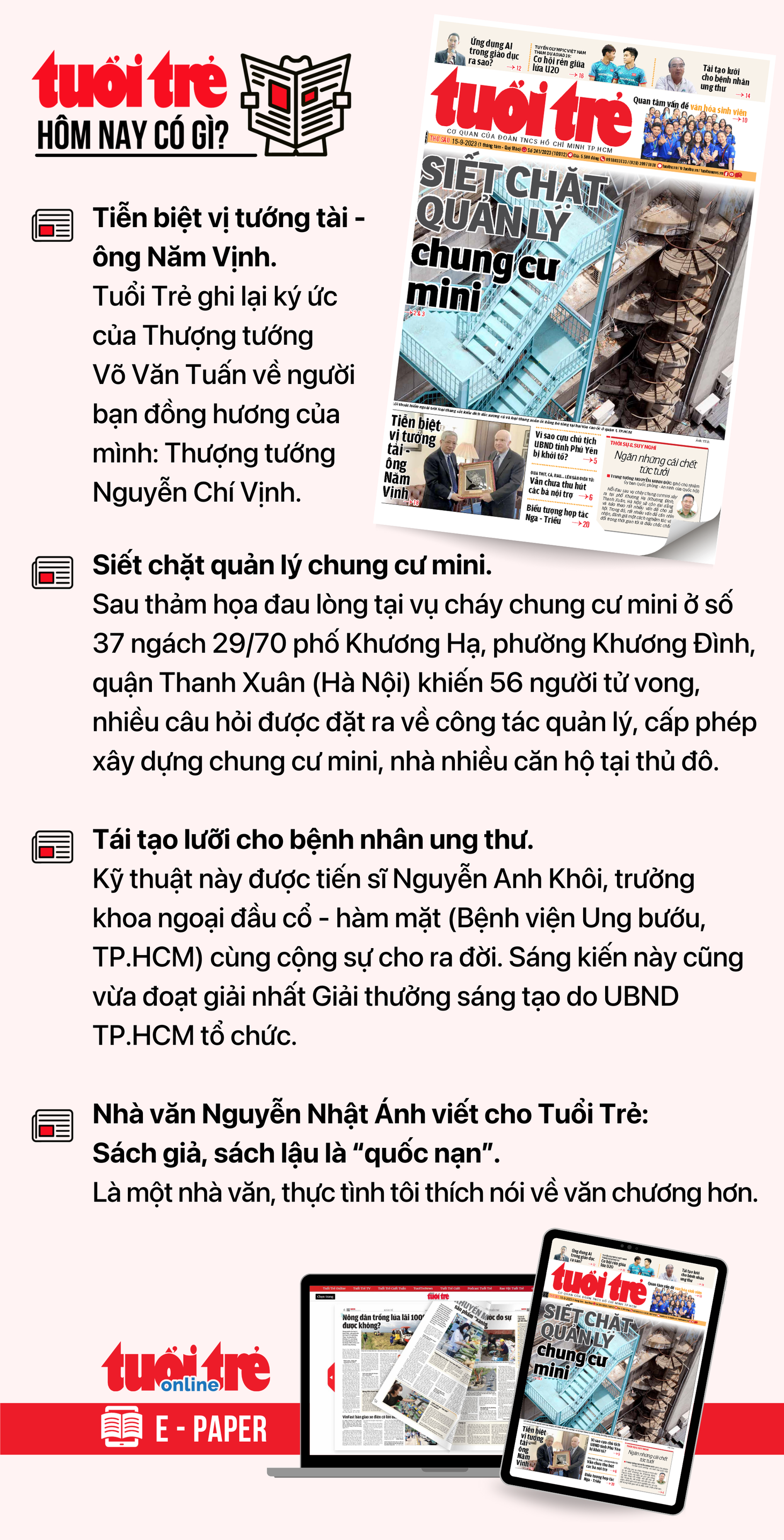 Tin tức chính trên Tuổi Trẻ nhật báo hôm nay 15-9. Để đọc Tuổi Trẻ báo in phiên bản E-paper, mời bạn đăng ký Tuổi Trẻ Sao TẠI ĐÂY