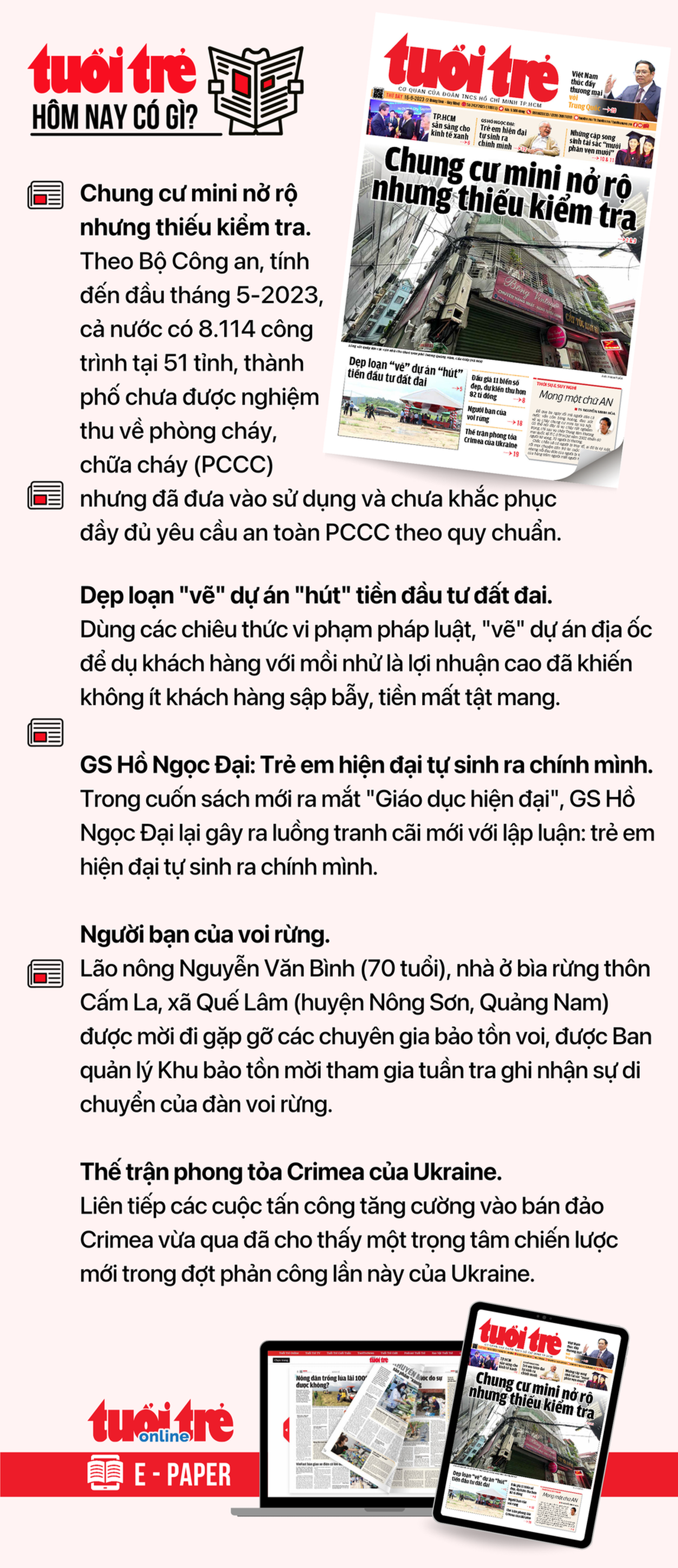 Tin tức chính trên Tuổi Trẻ nhật báo hôm nay 16-9. Để đọc Tuổi Trẻ báo in phiên bản E-paper, mời bạn đăng ký Tuổi Trẻ Sao TẠI ĐÂY