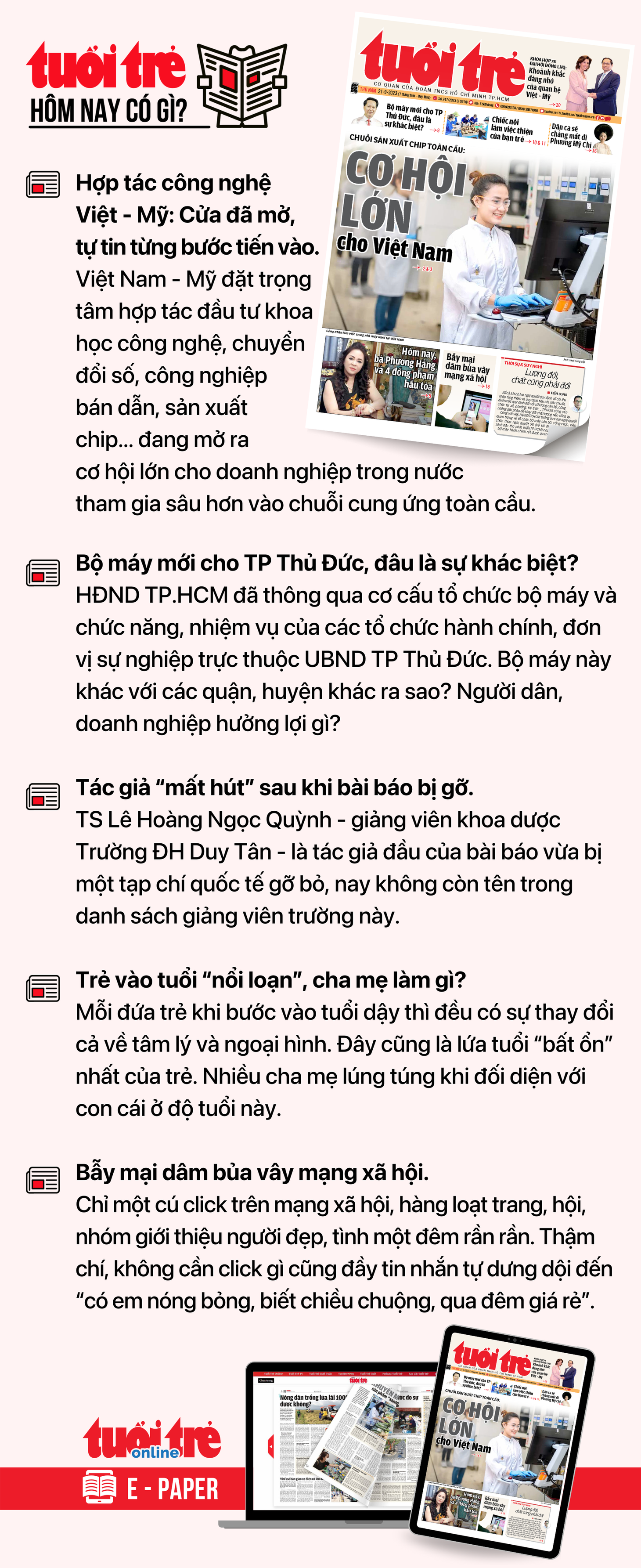 Tin tức chính trên Tuổi Trẻ nhật báo hôm nay 21-9. Để đọc Tuổi Trẻ báo in phiên bản E-paper, mời bạn đăng ký Tuổi Trẻ Sao TẠI ĐÂY