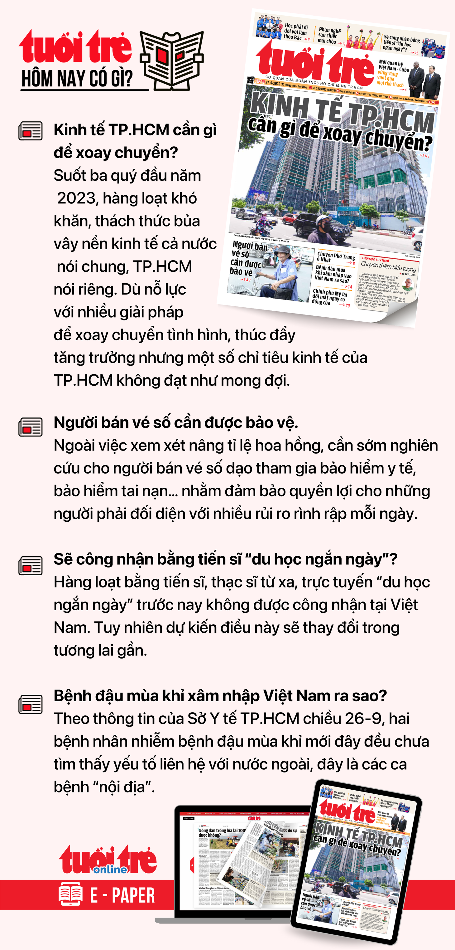 Tin tức chính trên Tuổi Trẻ nhật báo hôm nay 27-9. Để đọc Tuổi Trẻ báo in phiên bản E-paper, mời bạn đăng ký Tuổi Trẻ Sao TẠI ĐÂY