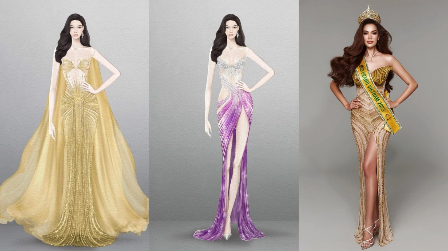 Từ trái qua là hai thiết kế để thi bán kết và chung kết "Miss Grand International 2023" - Ảnh: NVCC