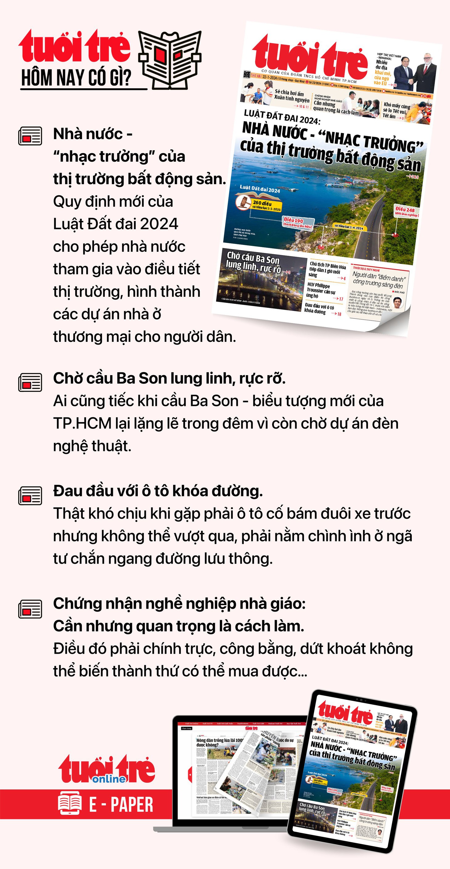 Tin tức chính trên Tuổi Trẻ nhật báo hôm nay 22-1. Để đọc Tuổi Trẻ báo in phiên bản E-paper, mời bạn đăng ký Tuổi Trẻ Sao TẠI ĐÂY