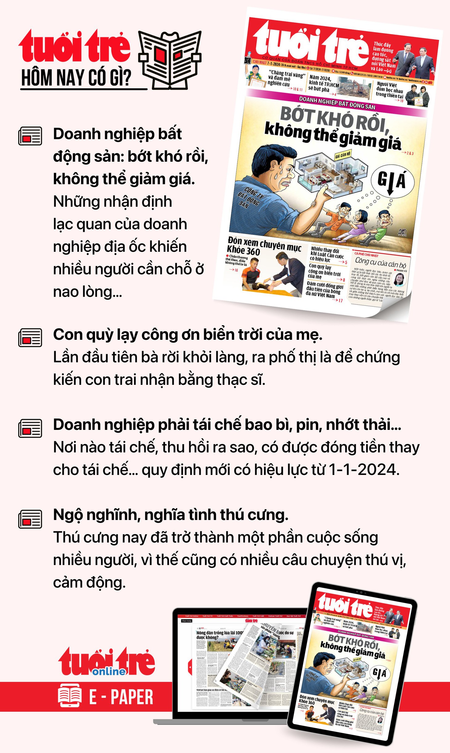 Tin tức chính trên Tuổi Trẻ nhật báo hôm nay 7-1. Để đọc Tuổi Trẻ báo in phiên bản E-paper, mời bạn đăng ký Tuổi Trẻ Sao TẠI ĐÂY