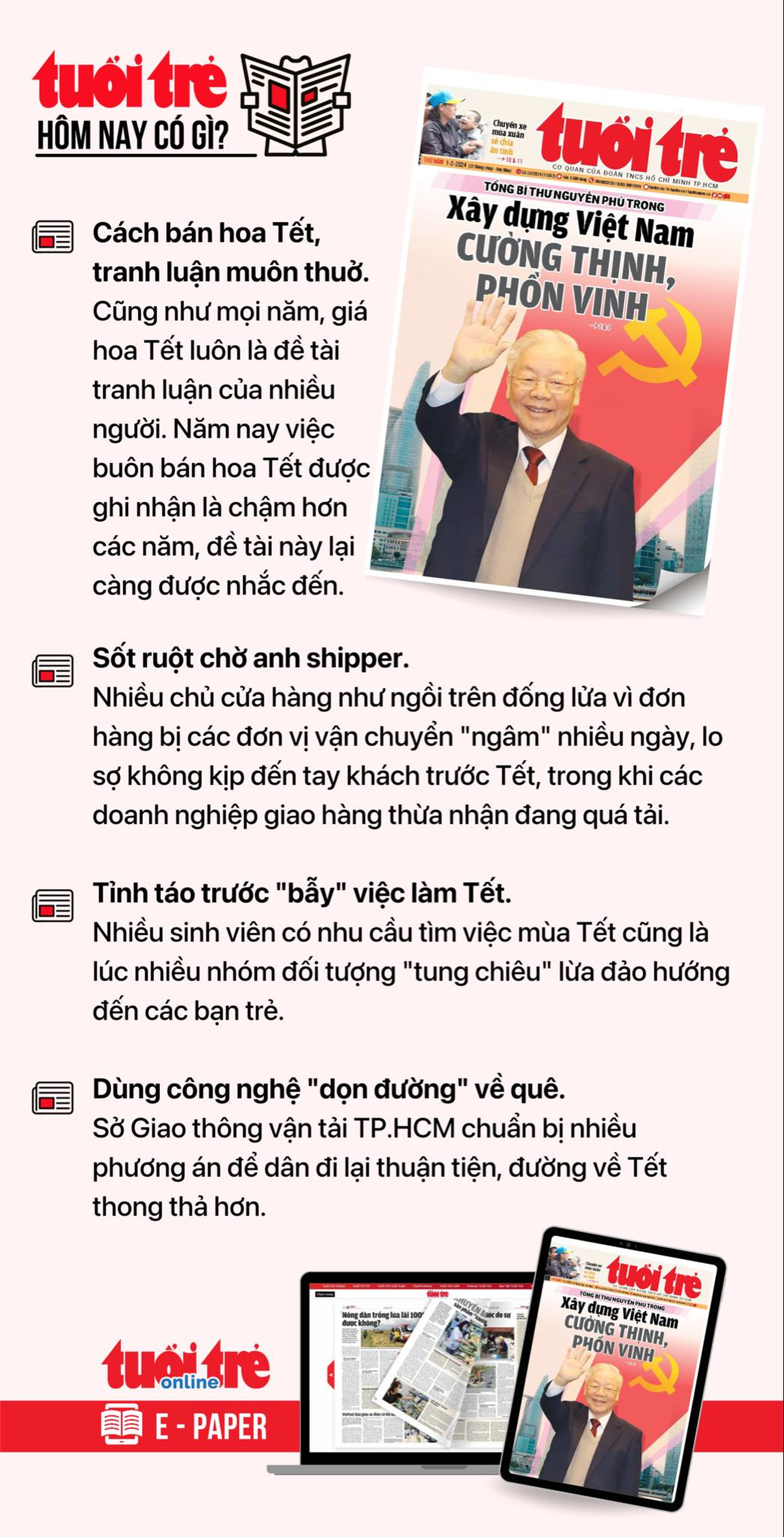 Tin tức chính trên Tuổi Trẻ nhật báo hôm nay 1-2. Để đọc Tuổi Trẻ báo in phiên bản E-paper, mời bạn đăng ký Tuổi Trẻ Sao TẠI ĐÂY