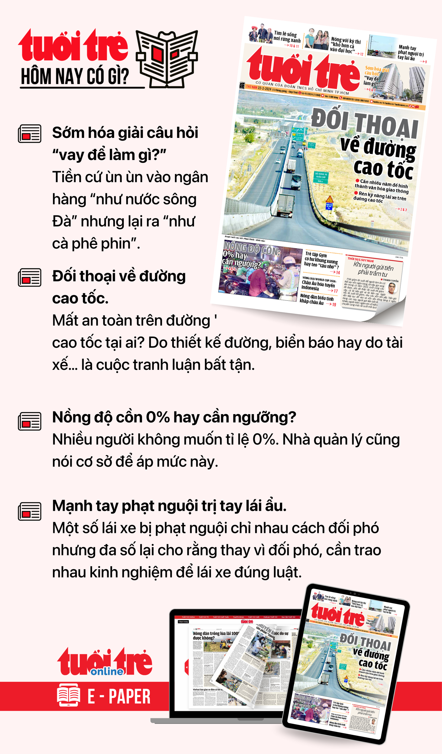 Tin tức chính trên Tuổi Trẻ nhật báo hôm nay 22-2. Để đọc Tuổi Trẻ báo in phiên bản E-paper, mời bạn đăng ký Tuổi Trẻ Sao TẠI ĐÂY