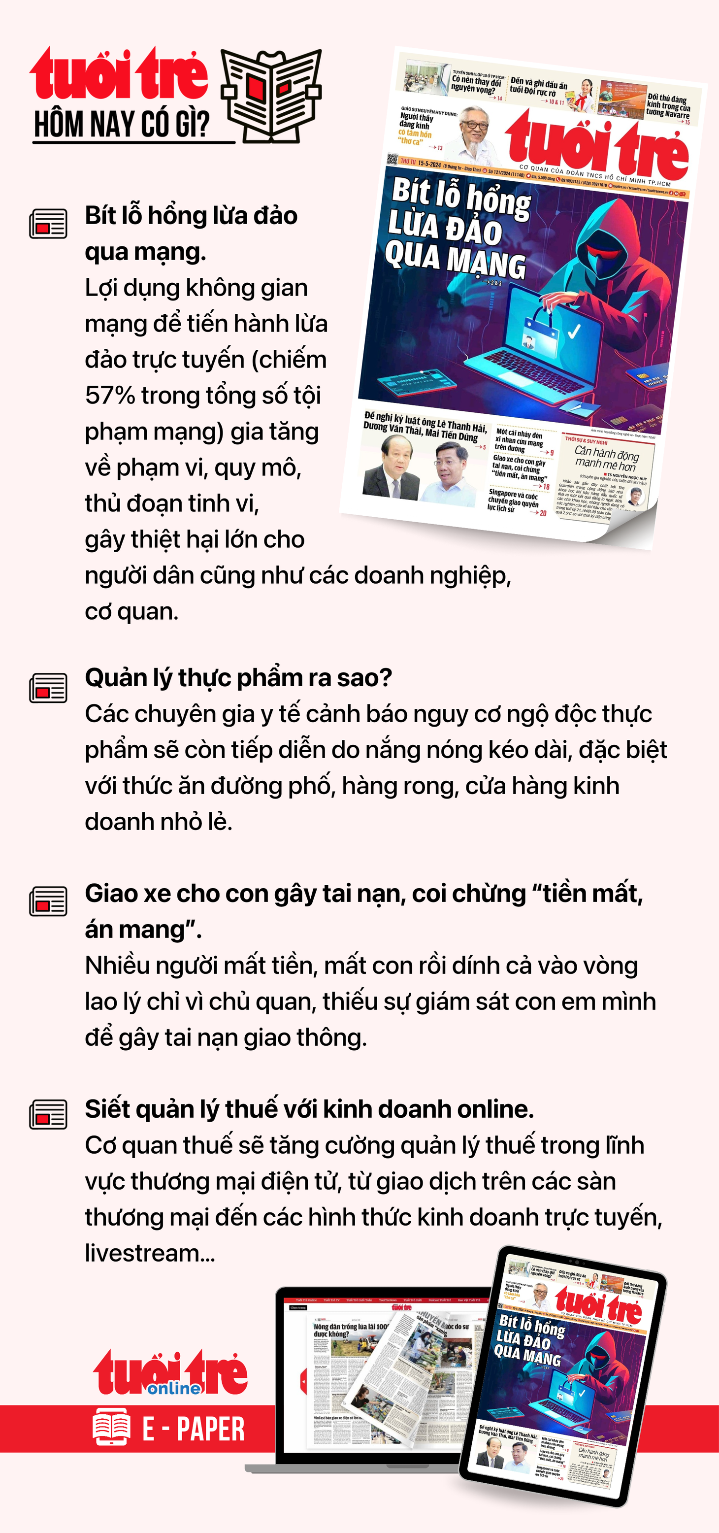 Tin tức chính trên Tuổi Trẻ nhật báo hôm nay 15-5. Để đọc Tuổi Trẻ báo in phiên bản E-paper, mời bạn đăng ký Tuổi Trẻ Sao TẠI ĐÂY