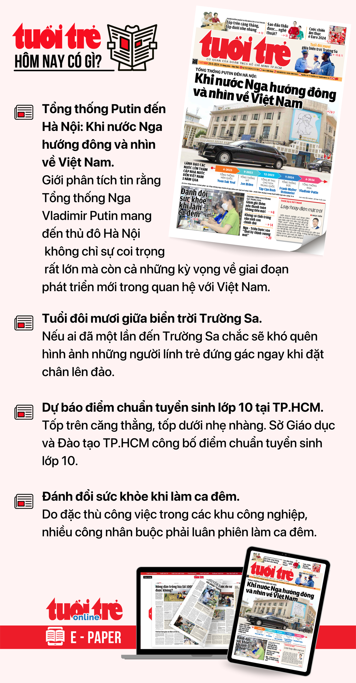 Tin tức chính trên Tuổi Trẻ nhật báo hôm nay 20-6. Để đọc Tuổi Trẻ báo in phiên bản E-paper, mời bạn đăng ký Tuổi Trẻ Sao TẠI ĐÂY