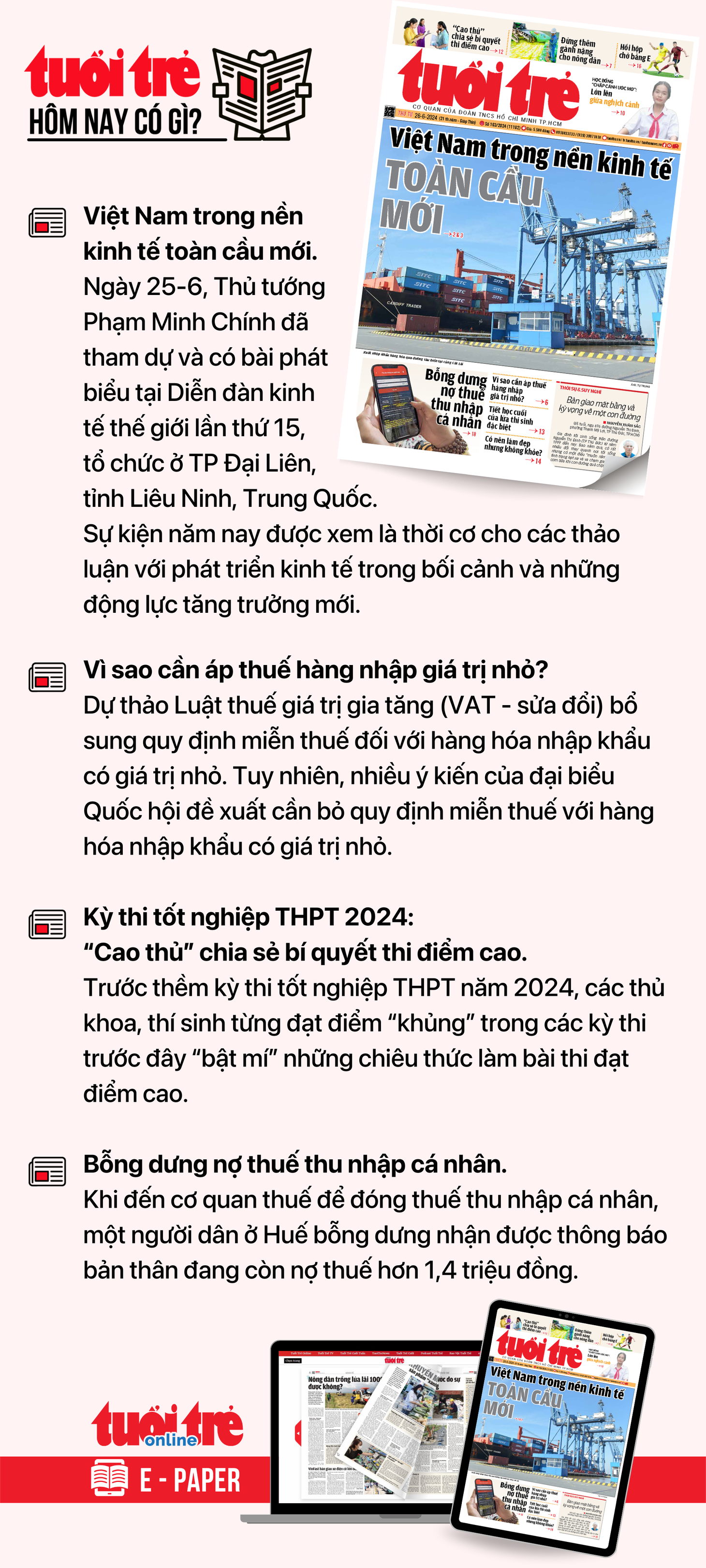 Tin tức chính trên Tuổi Trẻ nhật báo hôm nay 26-6. Để đọc Tuổi Trẻ báo in phiên bản E-paper, mời bạn đăng ký Tuổi Trẻ Sao TẠI ĐÂY