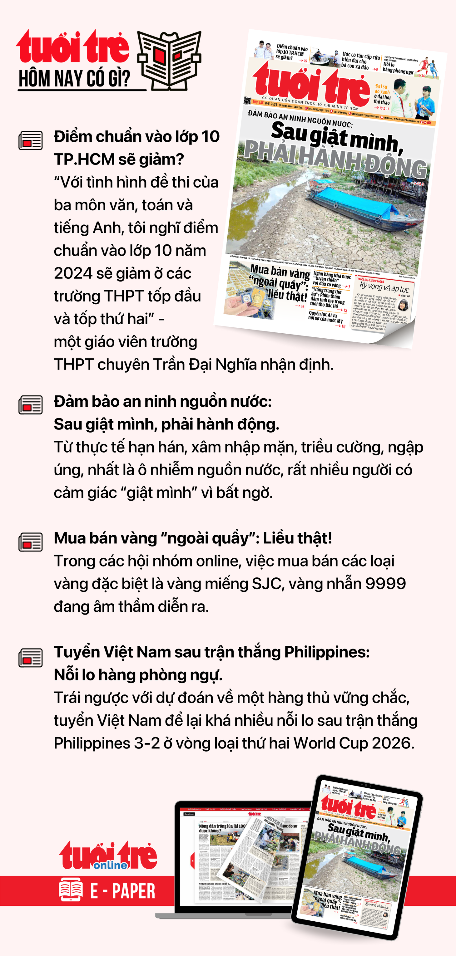 Tin tức chính trên Tuổi Trẻ nhật báo hôm nay 8-6. Để đọc Tuổi Trẻ báo in phiên bản E-paper, mời bạn đăng ký Tuổi Trẻ Sao TẠI ĐÂY