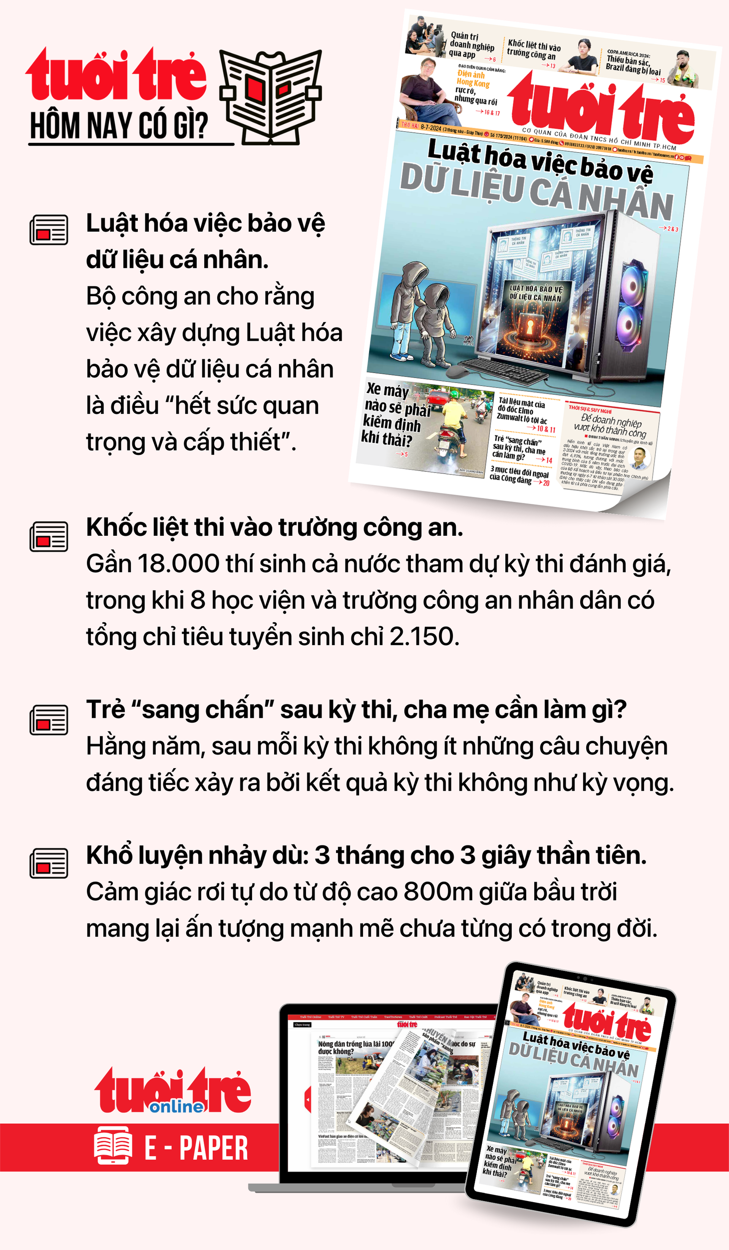 Tin tức chính trên Tuổi Trẻ nhật báo hôm nay 8-7. Để đọc Tuổi Trẻ báo in phiên bản E-paper, mời bạn đăng ký Tuổi Trẻ Sao TẠI ĐÂY