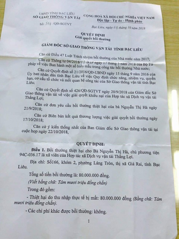 Làm sai, Sở Giao thông vận tải Bạc Liêu bồi thường chủ xe 80 triệu - Ảnh 1. Làm sai, Sở Giao thông vận tải Bạc Liêu bồi thường chủ xe 80 triệu - Ảnh 1.