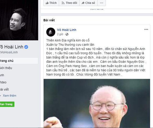 Facebook các nghệ sĩ nổi tiếng rộn ràng với Việt Nam vô địch - Ảnh 1. Facebook các nghệ sĩ nổi tiếng rộn ràng với Việt Nam vô địch - Ảnh 1.