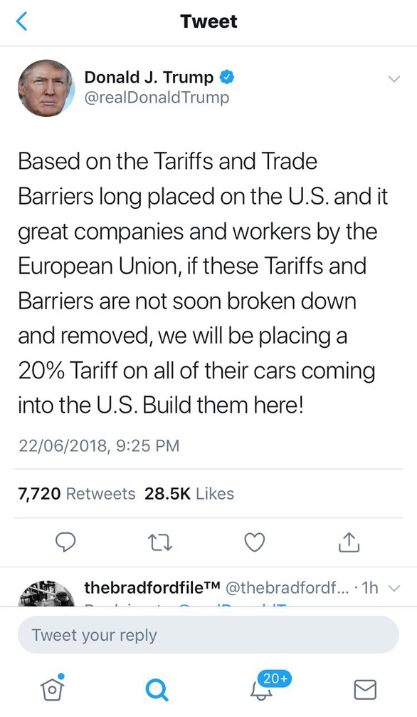 Thế giới xe nín thở khi Donald Trump định tăng thuế ôtô lên 20% - Ảnh 1. Thế giới xe nín thở khi Donald Trump định tăng thuế ôtô lên 20% - Ảnh 1.