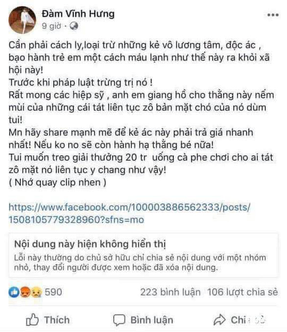 Điều tra Facebooker Đàm Vĩnh Hưng nghi kích động bạo lực vụ cha đánh con - Ảnh 5. Điều tra Facebooker Đàm Vĩnh Hưng nghi kích động bạo lực vụ cha đánh con - Ảnh 5.