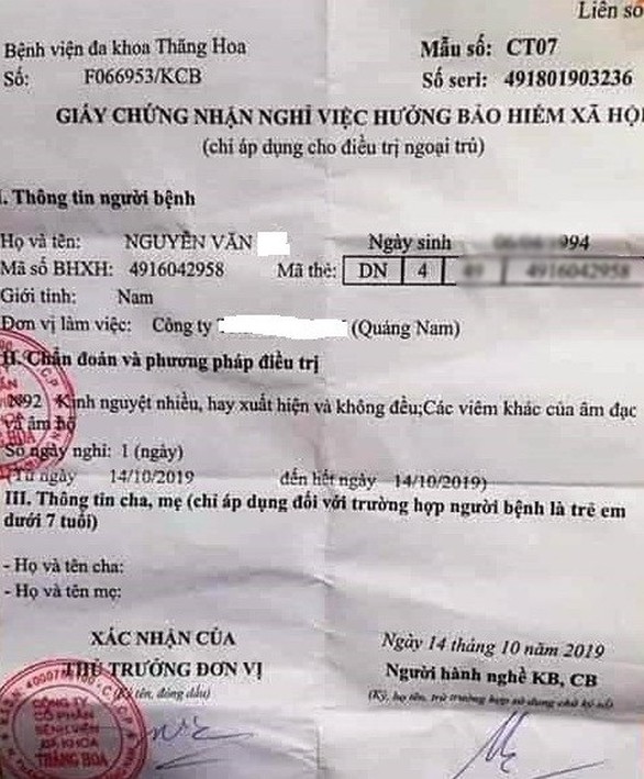 Nam thanh niên kinh nguyệt không đều, viêm âm đạo trên giấy chứng nhận nghỉ ốm - Ảnh 1. Nam thanh niên kinh nguyệt không đều, viêm âm đạo trên giấy chứng nhận nghỉ ốm - Ảnh 1.