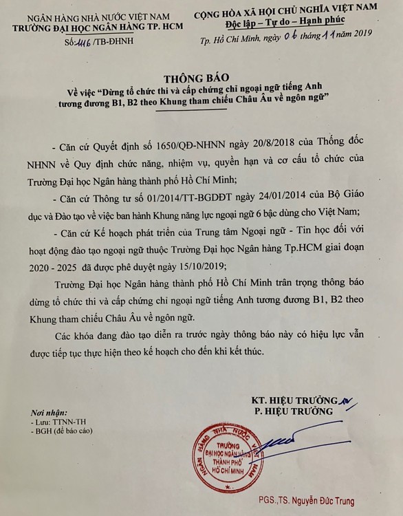 ĐH Ngân hàng TP.HCM dừng thi, cấp chứng chỉ tiếng Anh tương đương B1, B2 - Ảnh 1. ĐH Ngân hàng TP.HCM dừng thi, cấp chứng chỉ tiếng Anh tương đương B1, B2 - Ảnh 1.