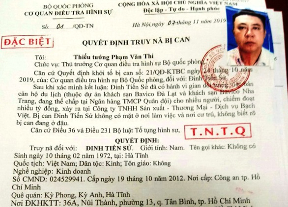 Cơ quan điều tra Bộ Quốc phòng truy nã tổng giám đốc Bavico Đinh Tiến Sử - Ảnh 2. Cơ quan điều tra Bộ Quốc phòng truy nã tổng giám đốc Bavico Đinh Tiến Sử - Ảnh 2.