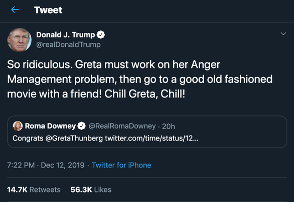Ông Trump đá xéo Nhân vật của năm 2019 Greta Thunberg - Ảnh 2. Ông Trump đá xéo Nhân vật của năm 2019 Greta Thunberg - Ảnh 2.