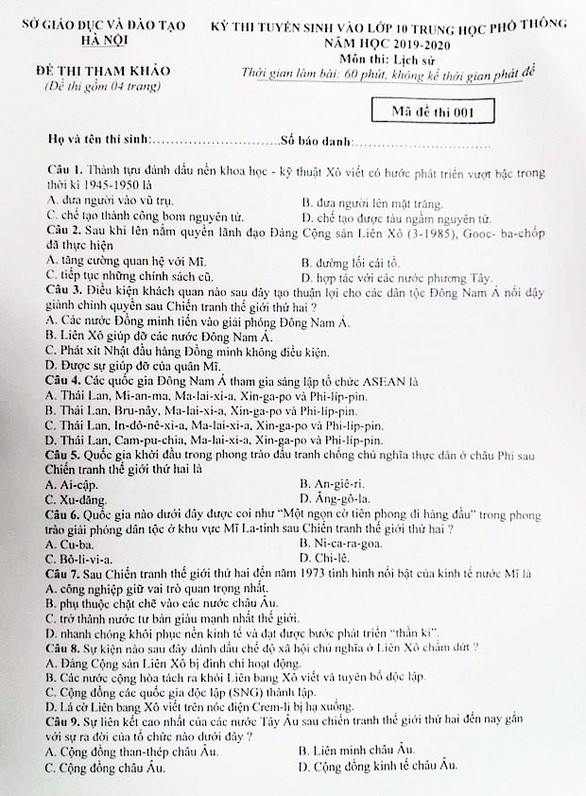 Hà Nội công bố đề thi minh họa môn Lịch sử, thi vào lớp 10 - Ảnh 2. Hà Nội công bố đề thi minh họa môn Lịch sử, thi vào lớp 10 - Ảnh 2.