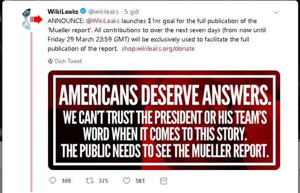 WikiLeaks kêu gọi góp 1 triệu USD ‘mua’ báo cáo điều tra Nga can thiệp bầu cử Mỹ - Ảnh 2. WikiLeaks kêu gọi góp 1 triệu USD ‘mua’ báo cáo điều tra Nga can thiệp bầu cử Mỹ - Ảnh 2.
