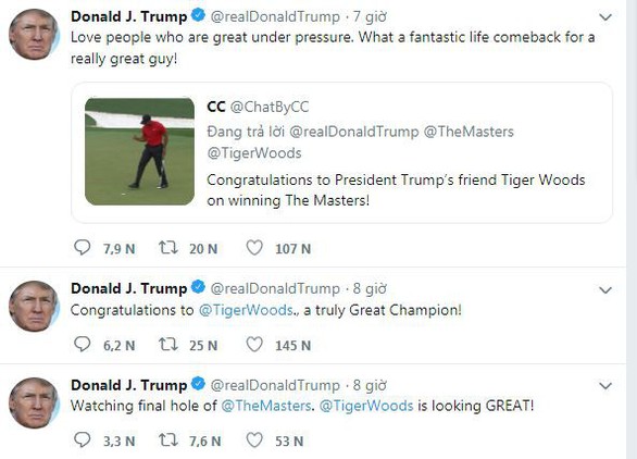 Tổng thống Mỹ Donald Trump chúc mừng và gọi Tiger Woods là nhà vô địch vĩ đại - Ảnh 1. Tổng thống Mỹ Donald Trump chúc mừng và gọi Tiger Woods là nhà vô địch vĩ đại - Ảnh 1.