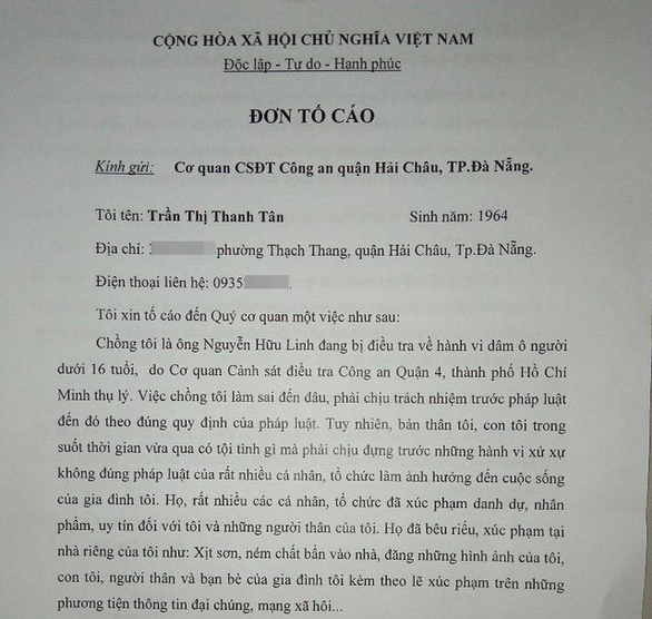 Vợ ông Nguyễn Hữu Linh bất ngờ rút đơn tố cáo bị làm nhục - Ảnh 1. Vợ ông Nguyễn Hữu Linh bất ngờ rút đơn tố cáo bị làm nhục - Ảnh 1.