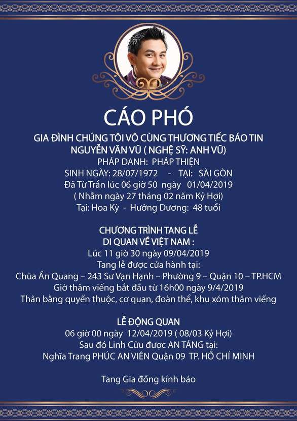 Ngày 9-4 thi hài Anh Vũ từ Mỹ sẽ về đến Việt Nam - Ảnh 2. Ngày 9-4 thi hài Anh Vũ từ Mỹ sẽ về đến Việt Nam - Ảnh 2.
