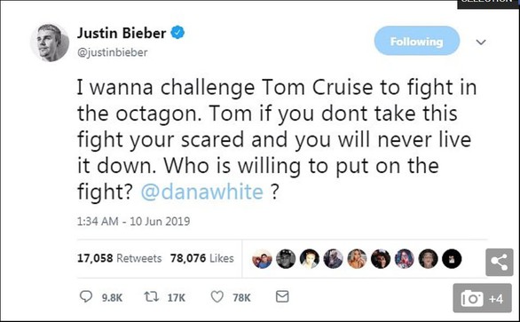 Justin Bieber thách Tom Cruise đấu võ tự do - Ảnh 2. Justin Bieber thách Tom Cruise đấu võ tự do - Ảnh 2.