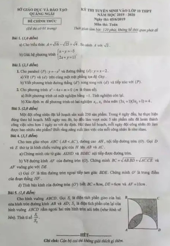Đề toán lớp 10 ở Quảng Ngãi giống một đề thi thử - Ảnh 1. Đề toán lớp 10 ở Quảng Ngãi giống một đề thi thử - Ảnh 1.
