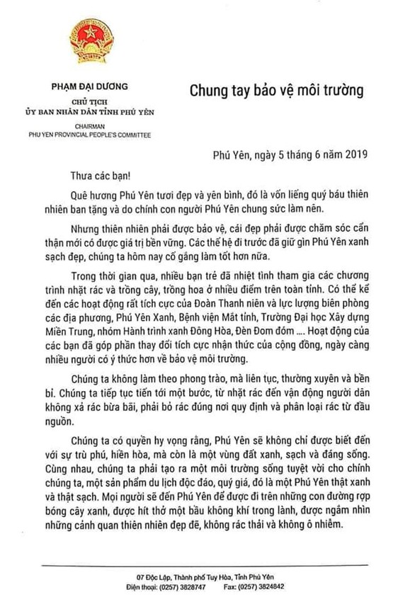 Chủ tịch tỉnh Phú Yên gửi thư chung tay bảo vệ môi trường cho người dân - Ảnh 1. Chủ tịch tỉnh Phú Yên gửi thư chung tay bảo vệ môi trường cho người dân - Ảnh 1.