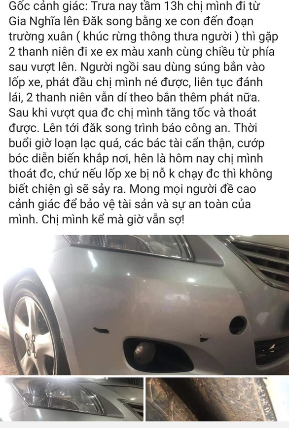 Xác minh thông tin người đi ôtô bị cướp đuổi bắn trên quốc lộ 14 - Ảnh 2. Xác minh thông tin người đi ôtô bị cướp đuổi bắn trên quốc lộ 14 - Ảnh 2.