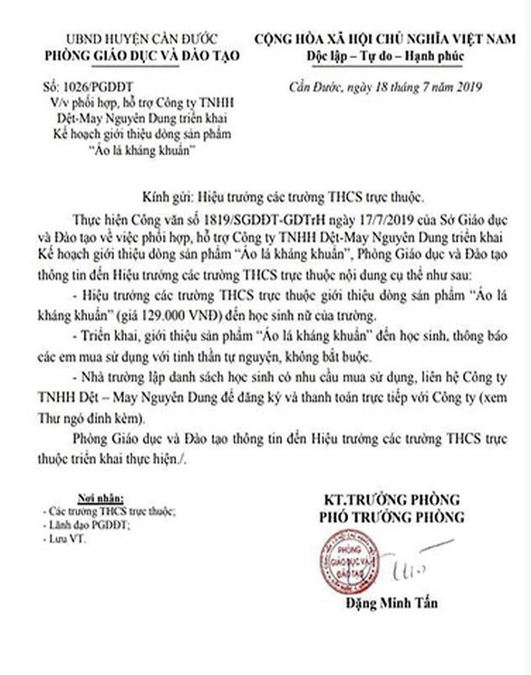 Ra văn bản hỗ trợ doanh nghiệp bán áo, Sở GD-ĐT phải thông báo ngừng - Ảnh 1. Ra văn bản hỗ trợ doanh nghiệp bán áo, Sở GD-ĐT phải thông báo ngừng - Ảnh 1.