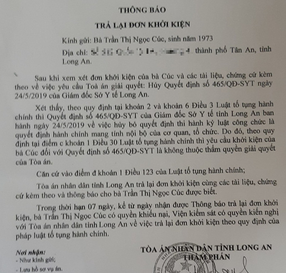 Tòa trả đơn kiện hủy bỏ quyết định kỷ luật vì quyết định mang tính nội bộ - Ảnh 1. Tòa trả đơn kiện hủy bỏ quyết định kỷ luật vì quyết định mang tính nội bộ - Ảnh 1.