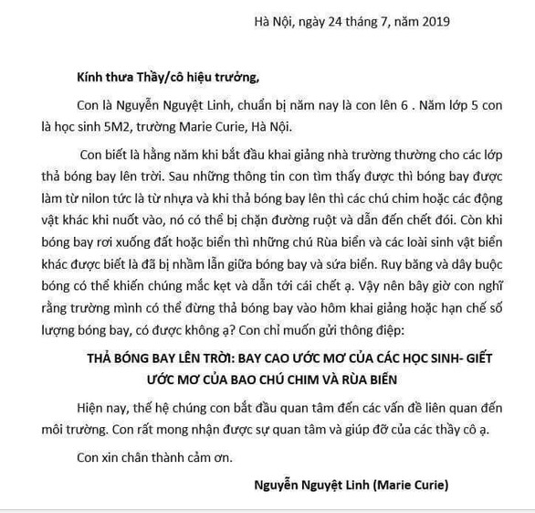 Cô bé lớp 6 gửi thư đề nghị không thả bóng bay trong lễ khai giảng - Ảnh 1. Cô bé lớp 6 gửi thư đề nghị không thả bóng bay trong lễ khai giảng - Ảnh 1.