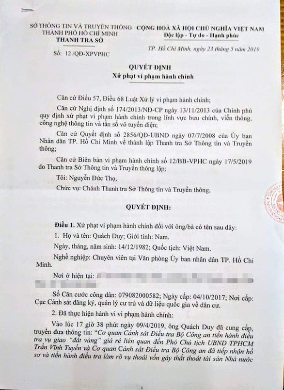 Chuyên viên UBND TP.HCM Quách Duy bị khai trừ Đảng - Ảnh 1. Chuyên viên UBND TP.HCM Quách Duy bị khai trừ Đảng - Ảnh 1.
