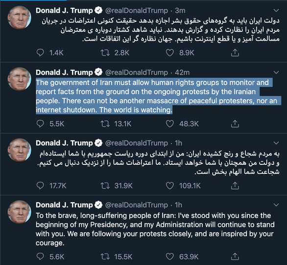 Tổng thống Trump tuyên bố ủng hộ biểu tình đòi lãnh tụ Iran từ chức - Ảnh 3. Tổng thống Trump tuyên bố ủng hộ biểu tình đòi lãnh tụ Iran từ chức - Ảnh 3.