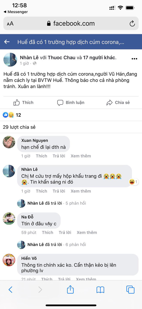 Tung tin trên Facebook ở Huế xuất hiện virus corona, bị triệu tập - Ảnh 1. Tung tin trên Facebook ở Huế xuất hiện virus corona, bị triệu tập - Ảnh 1.