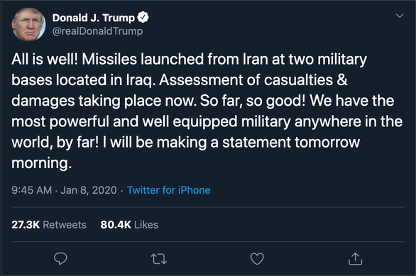 Iran trả đũa, Tổng thống Trump: Tất cả đều ổn - Ảnh 2. Iran trả đũa, Tổng thống Trump: Tất cả đều ổn - Ảnh 2.