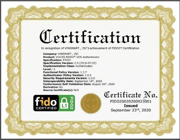 Hệ điều hành VOS trên điện thoại Vsmart đạt chứng chỉ xác thực trực tuyến FIDO2 - Ảnh 1. Hệ điều hành VOS trên điện thoại Vsmart đạt chứng chỉ xác thực trực tuyến FIDO2 - Ảnh 1.